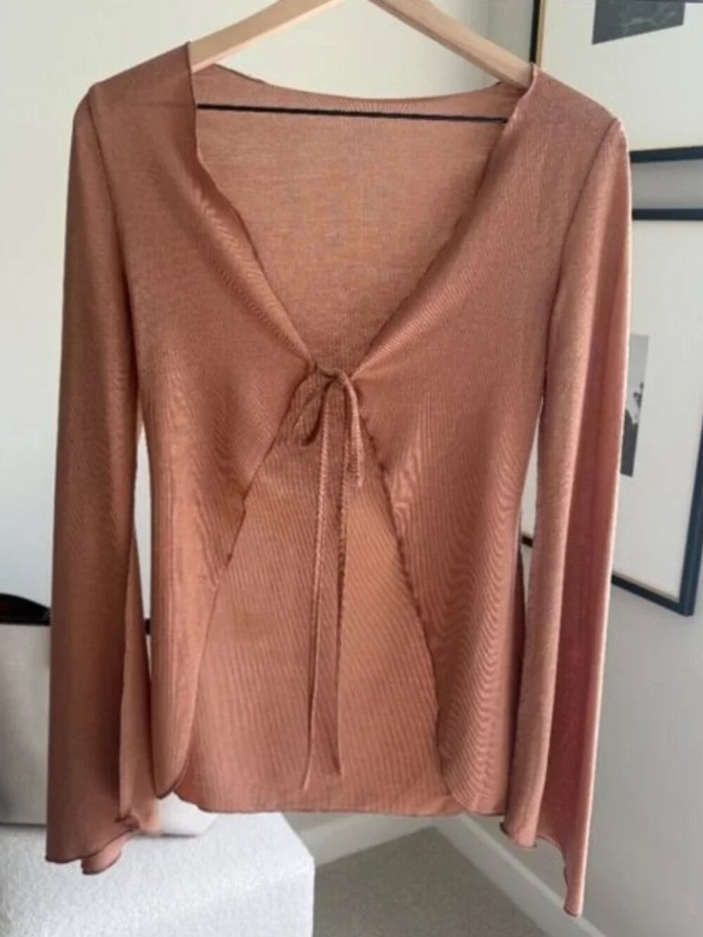 SHEIN Rust Tie-Front Lettuce Trim Long Sleeve Top